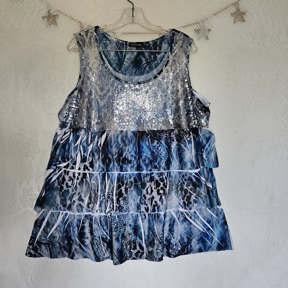 Notations XLarge Sleeveless Layered Blue White Sequins Top Bold Maximalist Y2K